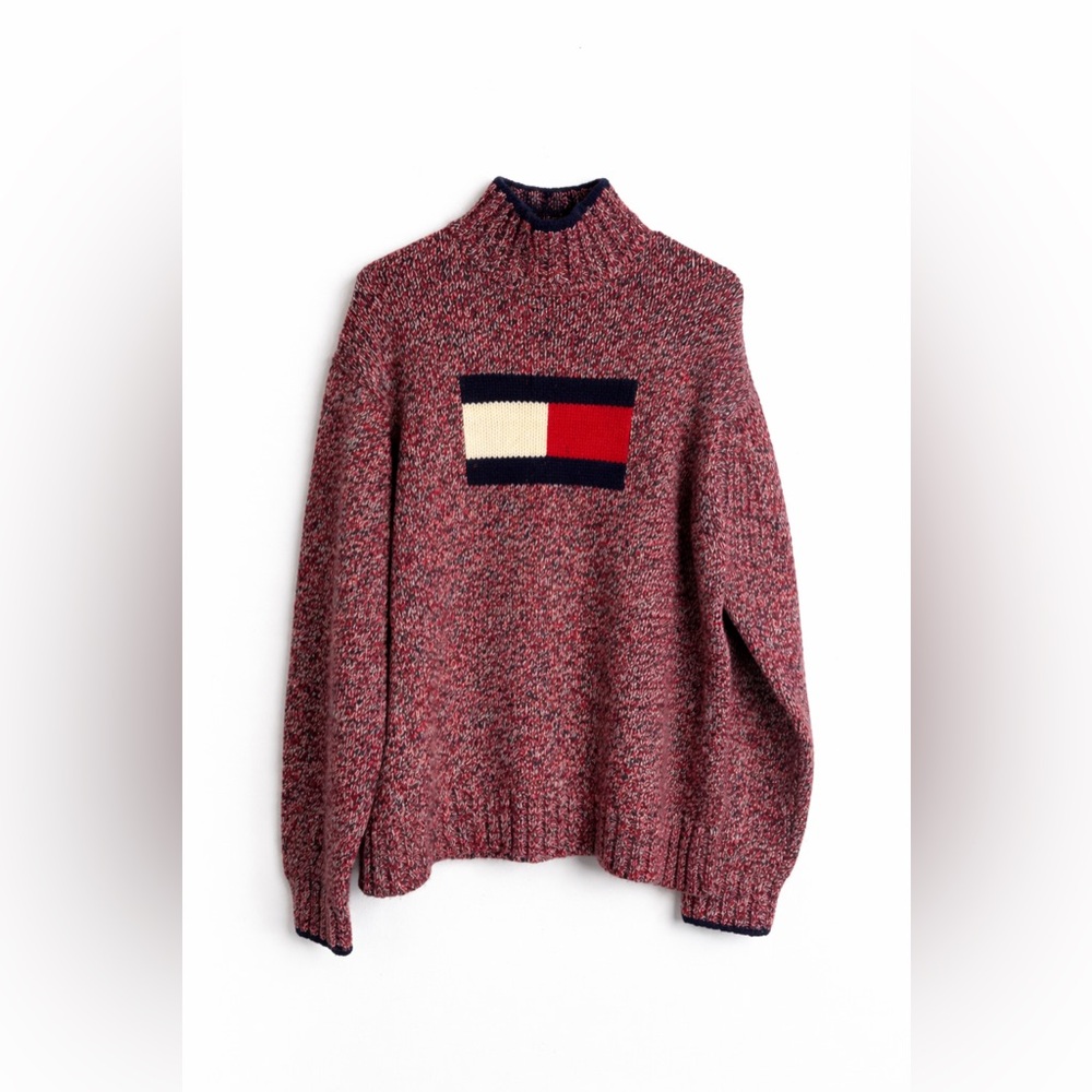 Y2k Men’s Cashmere Tommy Hilfiger Flag Sweater Chunky Knit Turtleneck Pullover